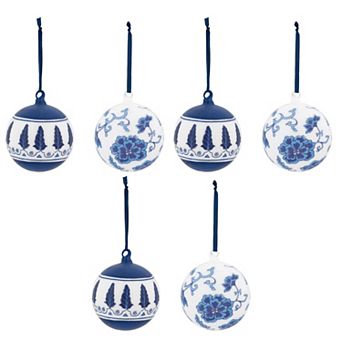 Set of 6 Assorted Glass Ball Christmas Ornaments with Feather Inspired Leaf Motif and Ribbon Hanger