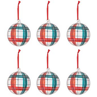 Holiday Glass Ball Ornament Set of 6, Glen Plaid Hand Painted Christmas Tree Decorations