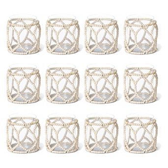 Set of 12 Glass Hurricane Candle Holders with Wood Beaded Garland for Farmhouse Tabletop Decor