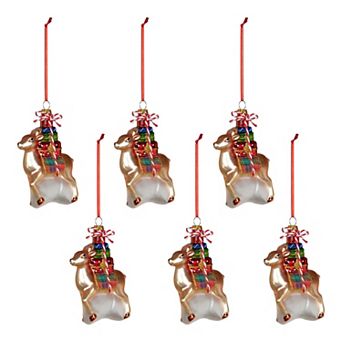 6 pc Retro Festive Reindeer Blown Glass Christmas Ornaments with Gift Stack Design for Tree Decor