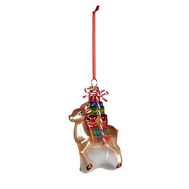 6Pc Retro Festive Reindeer Blown Glass Christmas Ornaments with Gift Stack Design for Tree Decor
