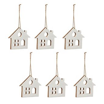 Wood Enamel Cottage Christmas Ornament Set of 6, House Silhouette Hanging Tree Decor