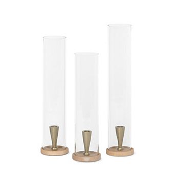 Set of 3 Modern Candle Holders with Travertine Glass and Aluminum for Tabletop Decor
