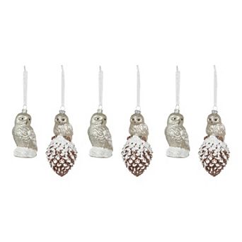 Woodland Owl and Pine Cone Glass Christmas Ornament Set of 6, Hanging Tree Decor, 2 Assorted Styles