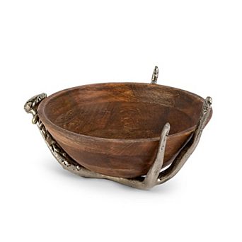Mango Wood Elevated Serving Bowl with Antler Stand for Salad and Side Dishes