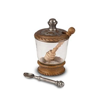 3 pc Honey Jar Set Glass Container with Wooden Detail Server Spoon for Syrups and Jams