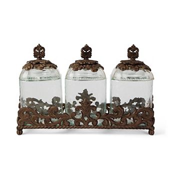 Set of 3 Acanthus Glass Storage Canisters with Base for Pantry and Kitchen Counter Organization