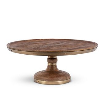 Mango Wood Cake Stand 14 Inch Pedestal with Metal Accent Bands for Cakes and Desserts
