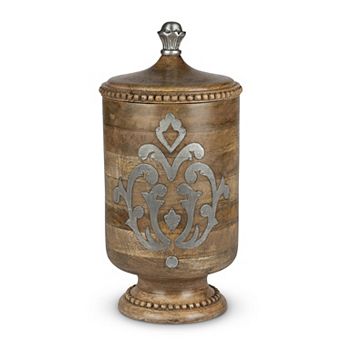 Heritage Inlay Wood Canister 15 Inch Mango Wood Storage Jar with Metal Detail for Kitchen Counter