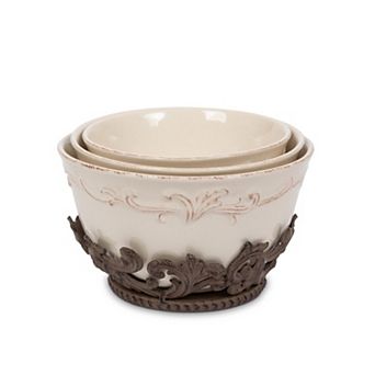Set of 3 Acanthus Stoneware Nesting Bowls with Base for Mixing and Serving