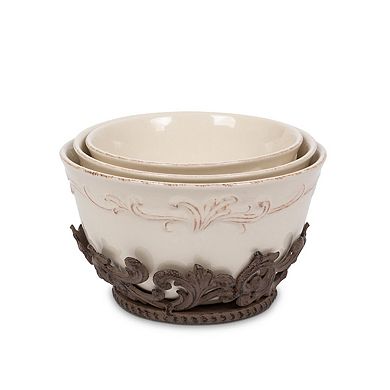 Set of 3 Acanthus Stoneware Nesting Bowls with Base for Mixing and Serving