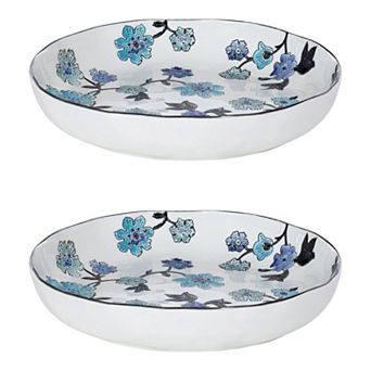 Set of 2 Stoneware Serving Bowls Periwinkle Vine Pattern for Salad and Pasta
