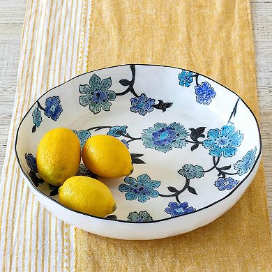Set of 2 Stoneware Serving Bowls Periwinkle Vine Pattern for Salad and Pasta