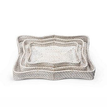 Rattan Coffee Table Tray Set of 3 Woven Serving Trays for Home Organization