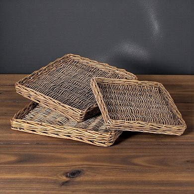 Square Willow Tray Set of 3 Nesting Woven Storage Trays for Coffee Table Decor