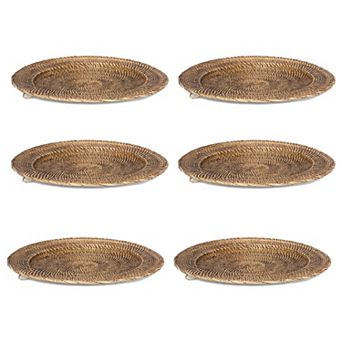 Set of 6 Rattan Round Tray with Wall Hanger Serving Kitchen Counter Coffee Table Organizer