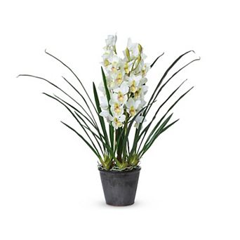 Faux Potted Cymbidium Orchid Plant with Realistic Blooms for Entryway and Living Room
