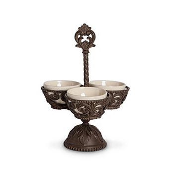 Acanthus Design Ceramic Condiment Server Set with Stand 3 pc Sauce Bowl Organizer for Serving