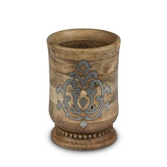 Heritage Inlay Wood Utensil Holder with Metal Detail for Kitchen Counter Organization