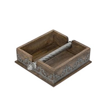 Heritage Inlay Wood Napkin Holder with Metal Scroll Design for Dining Table and Countertop