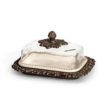 Acanthus Glass Dome Butter Dish with Ceramic Base for Butter and Spread Serving