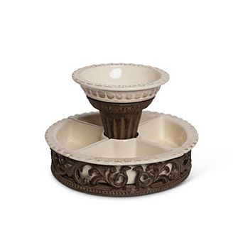 Divided Appetizer Serving Set with Ceramic Bowls and Metal Stand for Dips Snacks and Toppings