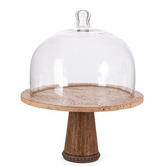 Marble and Wood Cake Stand with Glass Dome Cover for Cakes and Pastries