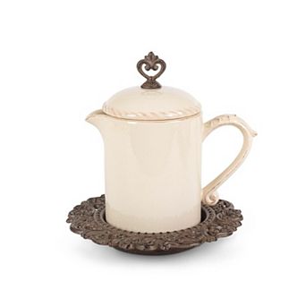 Acanthus Stoneware Lidded Sauce Jar with Drip Tray for Syrups, Gravies and Tea Serving