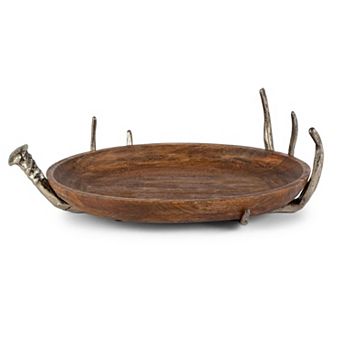 Decorative Mango Wood Serving Platter with Antler Stand for Countertop and Dining Table Use