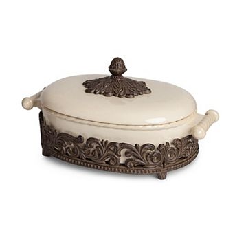Acanthus Stoneware Lidded Casserole Dish with Metal Base for Baking and Serving