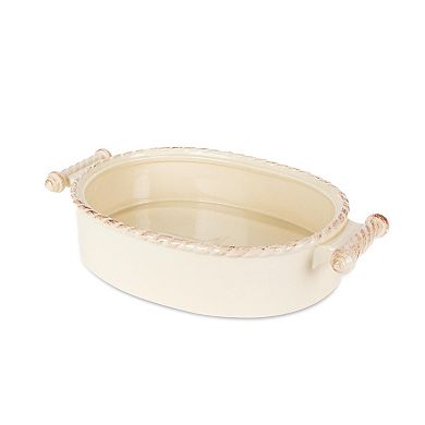 Acanthus Stoneware Lidded Casserole Dish with Metal Base for Baking and Serving