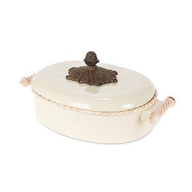 Acanthus Stoneware Lidded Casserole Dish with Metal Base for Baking and Serving