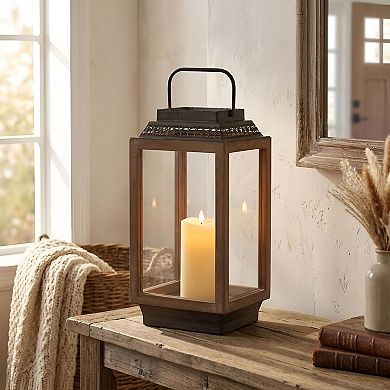 Compact Entryway Cabin Lantern Light Fixture, Wood Metal Glass Hanging Ceiling Light