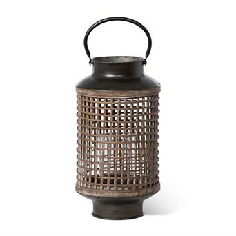 Wooden Mesh Round Lantern Fir Wood Iron Wicker Glass LED Candle Holder