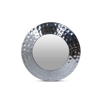 Round Wall Mirror Pewter Finish Hammered Frame Wall Accent Mirror