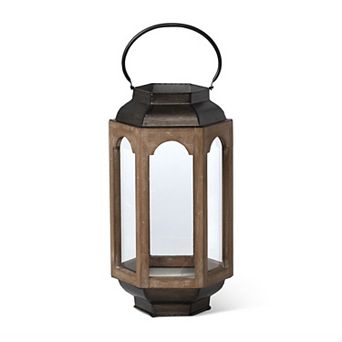 Farmhouse Lantern Ceiling Light, Wood Glass Iron Hanging Entryway Fixture