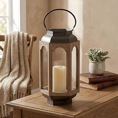Farmhouse Lantern Ceiling Light, Wood Glass Iron Hanging Entryway Fixture