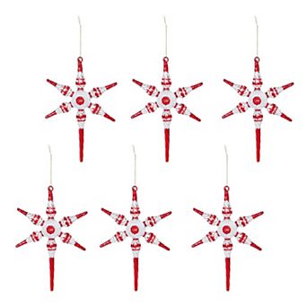6 pc Blown Glass Starburst Christmas Ornaments Peppermint Twist Tree Hanging for Holiday Decor