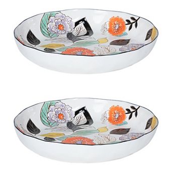 2 pc Stoneware Serving Plates Hand Painted Floral Poppy Design for Side Dishes Salads & Shared Meals