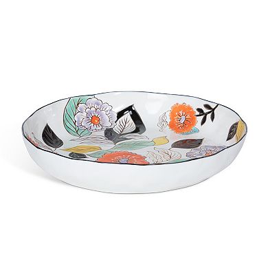 2Pc Stoneware Serving Plates Hand Painted Floral Poppy Design for Side Dishes Salads & Shared Meals