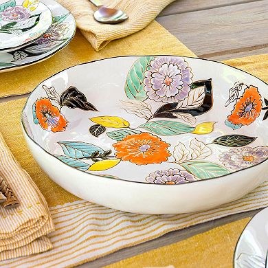 2Pc Stoneware Serving Plates Hand Painted Floral Poppy Design for Side Dishes Salads & Shared Meals