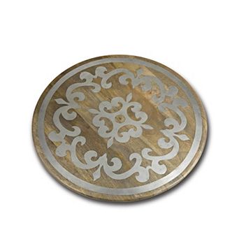 Wood Lazy Susan Round Turntable Tray with Carved Detail for Dining Table Centerpiece, Food Serving