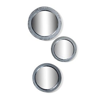 Round Metal Framed Mirror Set 3 pc Fluted Design Wall Decor Living Room Entryway