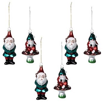 6 pc Glass Christmas Gnome Ornaments Assorted Standing Gnome and Mushroom Tree Hanging Decorations