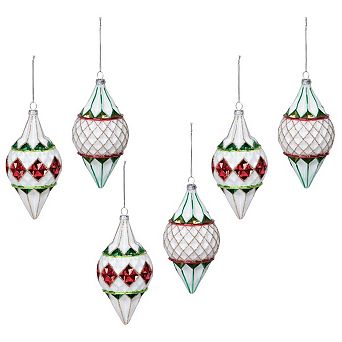 Argyle Pattern Glass Finial Ornaments Set of 6 Hand Painted Christmas Tree Decor