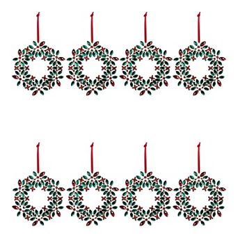 8 pc Poinsettia and Holly Gem Wreath Christmas Ornaments Hanging Decorations for Tree and Home Decor