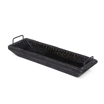 Carved Wood Serving Tray with Iron Handles for Snacks Fruits Drinks and Tabletop Display