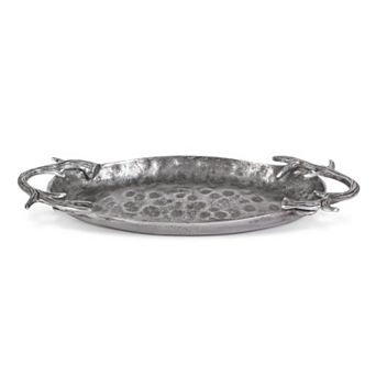 Hammered Oval Aluminum Serving Tray with Antler Handles for Appetizers Desserts and Buffet