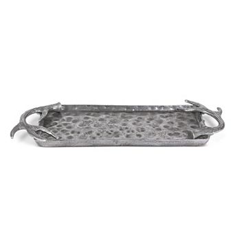 Hammered Rectangular Aluminum Serving Tray with Antler Handles for Appetizers Meats and Buffet