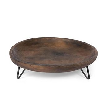 Round Mango Wood Footed Serving Tray with Iron Base for Buffet and Table Display
